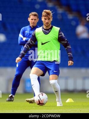 Chelsea's Timo Werner warms up before the pre-season friendly at the AMEX Stadium in Brighton where up to 2500 fans have been allowed in to watch the match after the Government announced a further batch of sporting events that will be used to pilot the safe return of spectators. Stock Photo