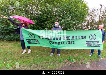 London Southend Airport, Essex, UK. 29th Aug, 2020. The local branch of Extinction Rebellion is demonstrating outside the airport at Southend protesting against pollution produced by aviation. It is part of a national XR campaign Stock Photo