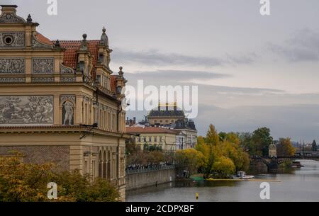 Beautiful, ornate buildings along the Vltava river in Prague Stock Photo