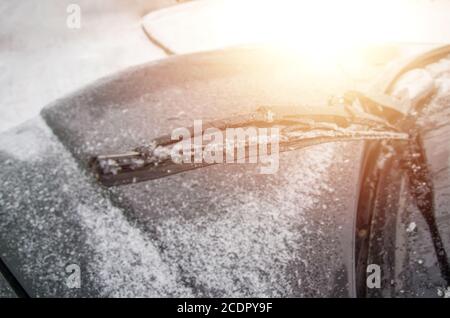 Car wipers covered with ice. Close-up Stock Photo