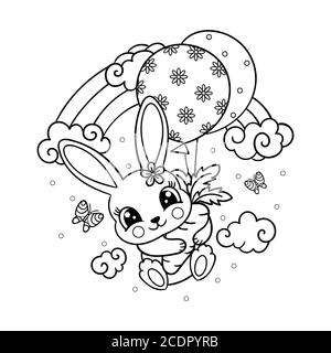 Cute little rabbit is flying in a balloon with a carrot. Black and white children's illustration. For the design of coloring books, greeting cards, pr Stock Vector