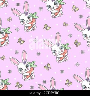 Seamless pattern with little white rabbit and carrot on a pink background.For childrens design of fabrics, wallpapers, backgrounds, wrapping paper and Stock Vector