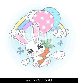 Cute rabbit flies on balloons, holds a carrot. Children's illustration in pastel colors. For the design of Tet's cards, prints, posters, Vector... Stock Vector