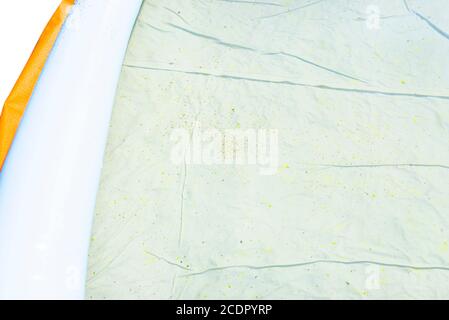 Mildew stains in an unclean domestic pool, dirty and blooming water unsuitable for bathing, isolated on white background. Stock Photo