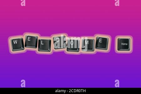 Computer keyboard keys spelling Welcome Home, isolated on a colorful background Stock Photo