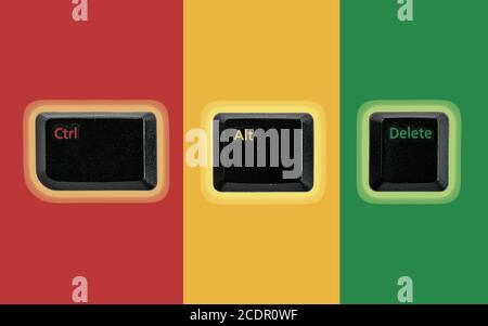 Black Ctrl, Alt, Del keyboard keys isolated on white, a combination of keys used to reboot a computer on a colorful background Stock Photo
