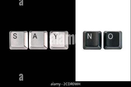 Computer keyboard keys spelling Say No, isolated on black and white background Stock Photo