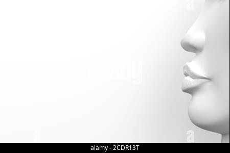 White colorless female face with white skin in profile on a white background. 3D render. Stock Photo