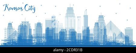 Outline Kansas City Missouri Skyline with Blue Buildings. Vector Illustration. Business Travel and Tourism Concept with Modern Architecture. Stock Vector