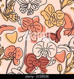 Orchids and butterflies seamless background pattern with hand drawn line abstract shapes different. Vector trend color illustration. Contour drawing. Stock Vector