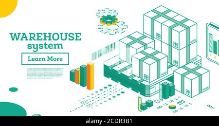 Warehouse System. Isometric Outline Cardboard Boxes and Pallet Isolated on White Background. Vector Illustration. Stock Vector