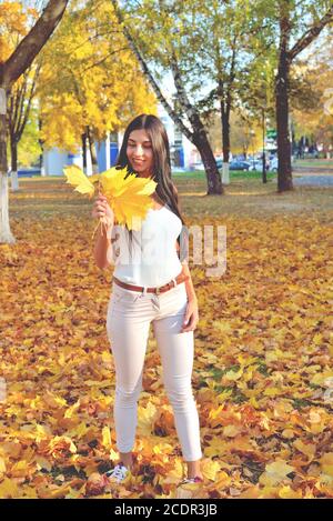 Beautiful girl in autumn park holding a maple leaf in her hand, smiling on her face, in white jeans and a blouse, against a background of trees and ye Stock Photo