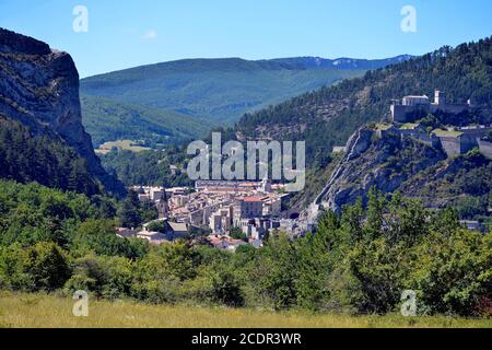 Aerial view of Sisteron in mountains, a commune in the Alpes-de-Haute-Provence department in the Provence-Alpes-Côte d'Azur in southeastern France Stock Photo