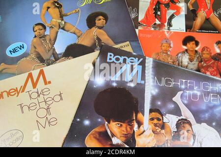 Viersen, Germany - July 9. 2020: Closeup of Boney M vinyl record cover collection Stock Photo
