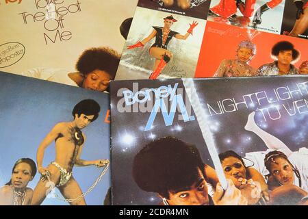 Viersen, Germany - July 9. 2020: Closeup of Boney M vinyl record cover collection Stock Photo