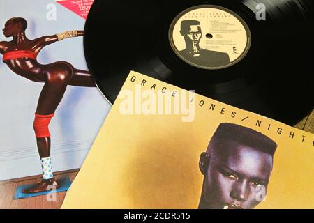 Viersen, Germany - July 9. 2020: Closeup of isolated Grace Jones vinyl record covers Stock Photo