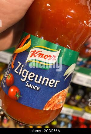 Viersen, Germany - July 9. 2020: Closeup of Knorr zigeuner sauce bottle in german supermarket Stock Photo