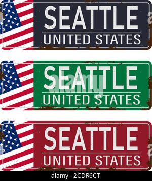 Seattle old metal rusted road sign set Stock Vector