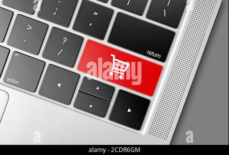 Red shopping cart key on a black computer keyboard, internet shopping concept picture Stock Photo