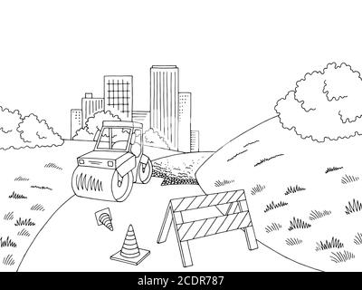 Road construction graphic black white city landscape sketch illustration vector Stock Vector