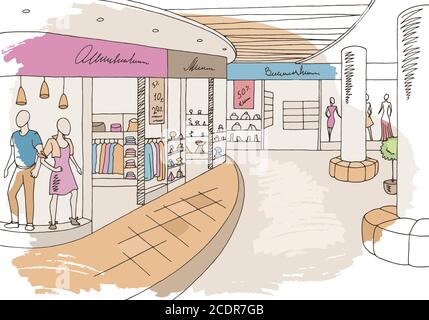 Shopping mall graphic color interior sketch illustration vector Stock Vector