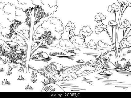 Forest river graphic black white landscape sketch illustration vector ...
