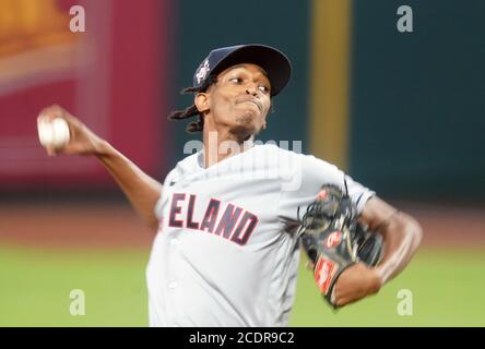 St. Louis, USA. 29th August, 2020. Cleveland Indians starting Pitcher Triston McKenzie delivers a pitch to the St. Louis Cardinals in the first inning at Busch Stadium in St. Louis on Friday, August 28, 2020. Photo by Bill Greenblatt/UPI Credit: UPI/Alamy Live News Stock Photo