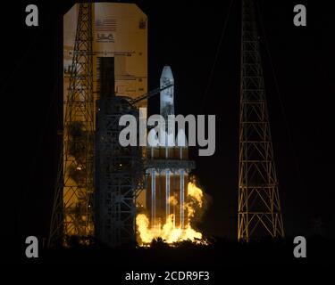 Cape Canaveral, Florida, USA. 29th August, 2020. At T-3 seconds, a United Launch Alliance (ULA) Delta IV Heavy underwent a hot-fire abort on Complex 37 at the Cape Canaveral Air Force Station, Florida on Saturday, August 29, 2020. ULA was to have launched a satellite for the National Reconnaissance Office. Photo by Joe Marino/UPI Credit: UPI/Alamy Live News Stock Photo