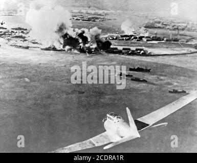 Pearl Harbor 1941. Photograph from a Japanese torpedo bomber during the Pearl Harbor attack on December 7, 1941. Stock Photo