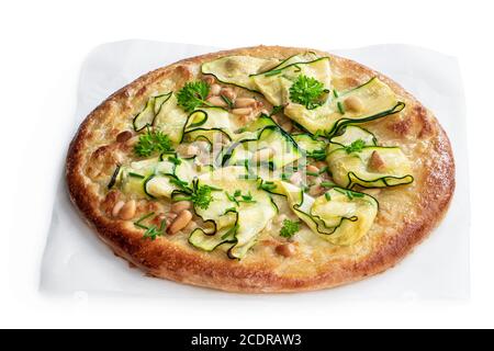 Vegetarian  pizza with zucchini and pine nuts isolated on white Stock Photo