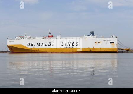 The car carrier Grande Colonia will be loaded in the port of Emden on August 1, 2020. Stock Photo