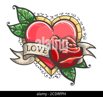 Heart, rose flowers, ribbon and word Love, classic old school tattoo on a white background. Vector Illustration Stock Vector