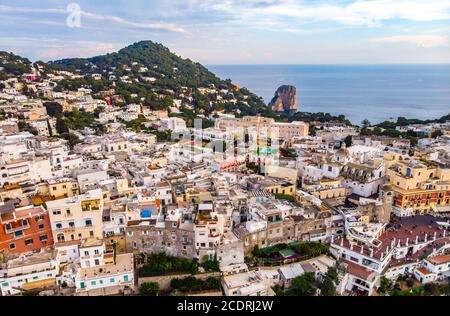 Aerial drone view of Capri island. Sunny summer day. Italy landscape Stock Photo