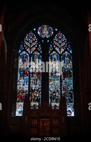 Stained glass window of Liverpool Anglican Cathedral historical architecture closeup view in England, United Kingdom Stock Photo