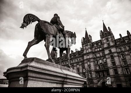 Prince Consort Albert Equestrian Statue in front of North Western Hotel in Liverpool, England, United Kingdom Stock Photo