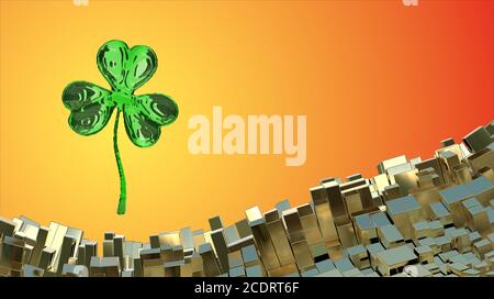 St. Patrick's Day 3d effect clover over abstract mountain landscape background of metal boxes. Decorative greeting postcard with Stock Photo