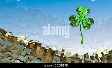 St. Patrick's Day 3d effect clover over abstract mountain landscape background of metal boxes. Decorative greeting postcard with Stock Photo