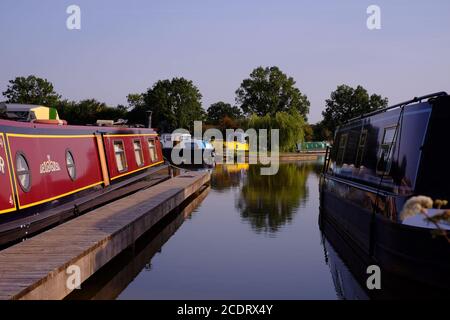 Canal narrow boats moored at Droitwich Spa Marina on the Droitwich Junction Canal. Stock Photo