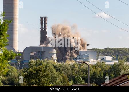 20 AUGUST 2020.   RUGELEY, STAFFORDSHIRE. UK.,  The boiler house to the coal fired power station at Rugeley is brought down with a controlled explosion during the demolition of the site to make way for new housing. The power station is situated just outside of the town. Stock Photo