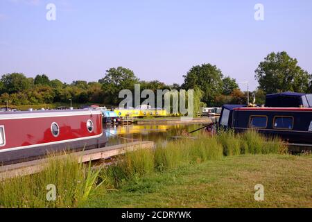 Canal narrow boats moored at Droitwich Spa Marina on the Droitwich Junction Canal. Stock Photo