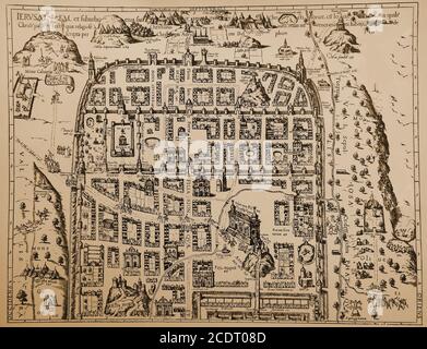 A map of Jerusalem, Holy Land as it was in 1588.  It is one of the oldest cities in the world, and is considered holy to all three major Abrahamic religions—Judaism, Christianity, and Islam. This map is unusual kin that it clearly shows the stations of the cross on the Via Delorosa  processional route in the Old City of Jerusalem, Israel, believed to be the path that Jesus  Christ walked on the way to his crucifixion Stock Photo