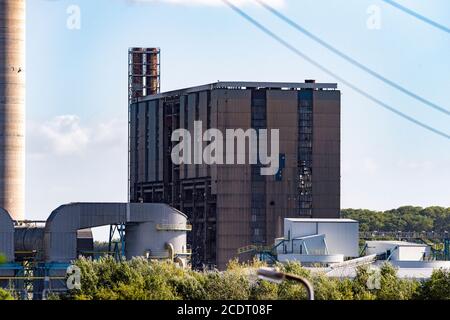 20 AUGUST 2020.   RUGELEY, STAFFORDSHIRE. UK.,  The boiler house to the coal fired power station at Rugeley is brought down with a controlled explosion during the demolition of the site to make way for new housing. The power station is situated just outside of the town. Stock Photo