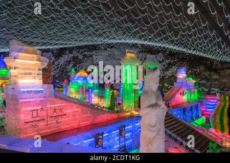 Beijing / China - February 12, 2015: Ice sculptures at Yanqing Longqing Gorge Ice and Snow Festival traditionally held every winter in Yanqing Distric Stock Photo