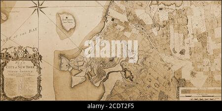 An old map of New York City , USA in 1767. Prominent is Governors Island which originally had the native Lenape inhabitants name of Paggank  meaning nut island. The name was translated into the Dutch Noten Eylandt, then Anglicized into Nutten Island .It became a military island between 1776 and 1996, particularly in the   the American Revolutionary War, when Continental Army troops raised defensive works on the island. It has also served as a United States Coast Guard installation/ Stock Photo