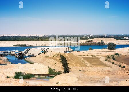 The Suez Canal - view from 2015 newly opened extension canal on the old canal Stock Photo