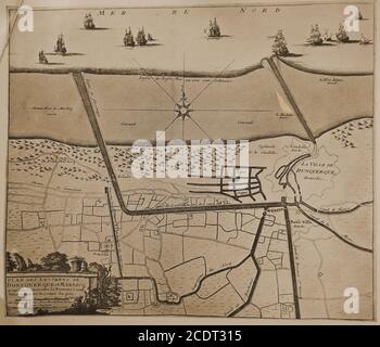 A circa 1725 map of Dunkirk  aka Dunkerque aka Duinkerke  (and Little Mardicq) showing the new canal system.  Fort Blanc (built 1701) is shown  but  all jetties, forts, and   port facilities were demolished in 1713 under the terms of the Treaty of Utrecht. Between then and the time the map was made, the area was a haunt of pirates and privateers. Stock Photo