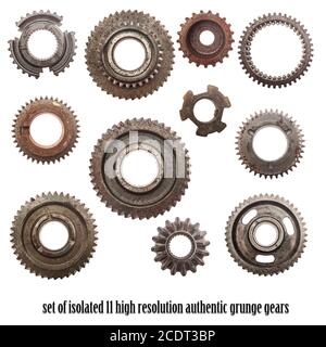 Grunge gear, cog wheels isolated on white. Industry, science, cut-out elements. Stock Photo