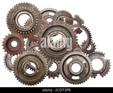 Grunge gear, cog wheels mechanism isolated on white. Industry, science Stock Photo