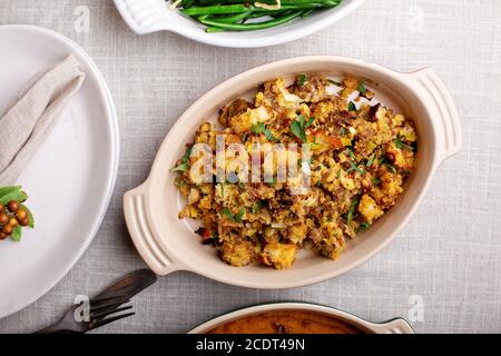 Traditional Thanksgiving side dish, cornbread stuffing Stock Photo