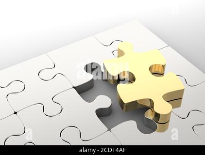 Last golden puzzle piece to complete a jigsaw. . Concept of business solution Stock Photo